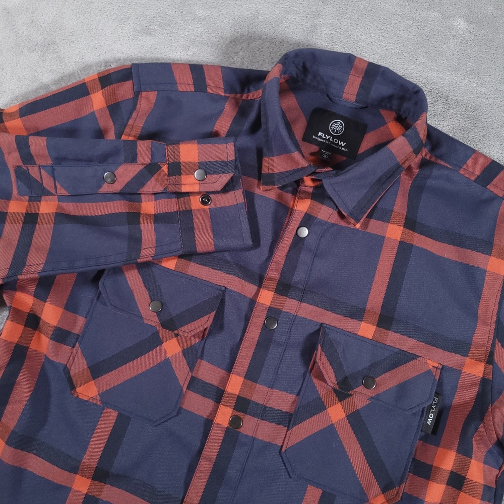 Flylow Shirt Mens Small Blue Orange Handlebar Tech Flannel Plaid Snap Up